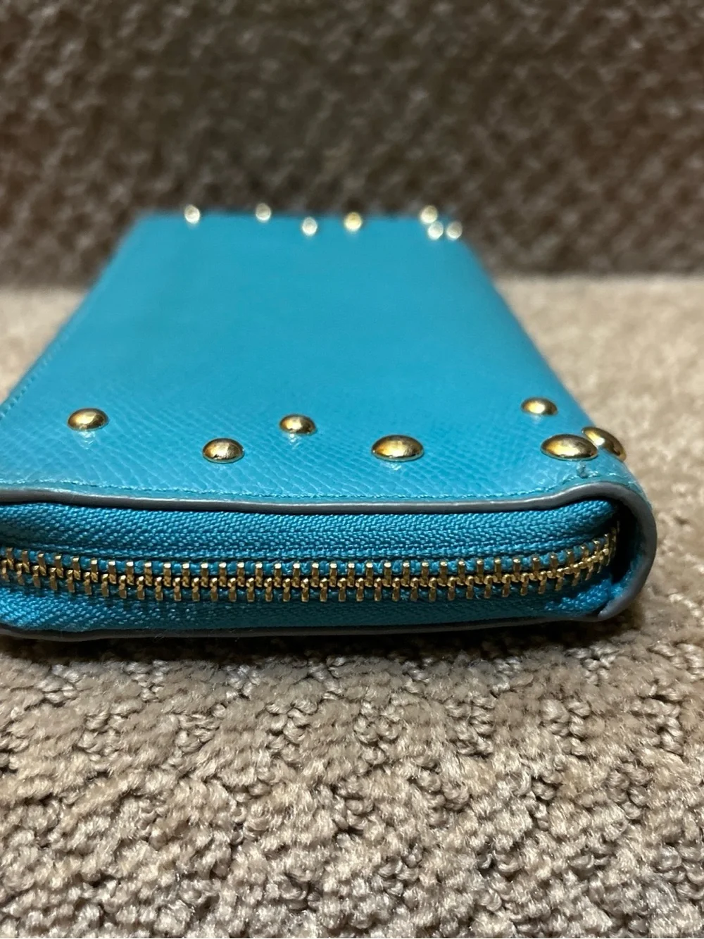AUTHENTIC COACH Studded Zip Around Long Wallet Leather Teal Turquoise Accordion - Picture 5 of 8